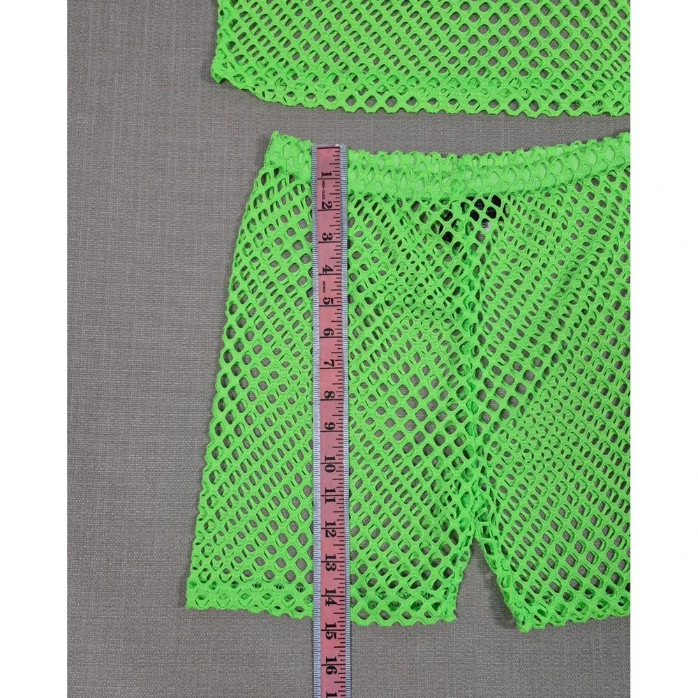 American Leisure Womens Neon Green Mesh Two Piece Set Crop Top Shorts Small NWT